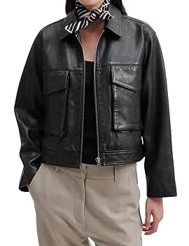 Womens Black Leather Jacket Cropped Zip Up Jacket Fall